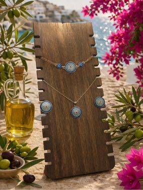 Blue Mosaic Circle Pendant Necklace and Bracelet Set